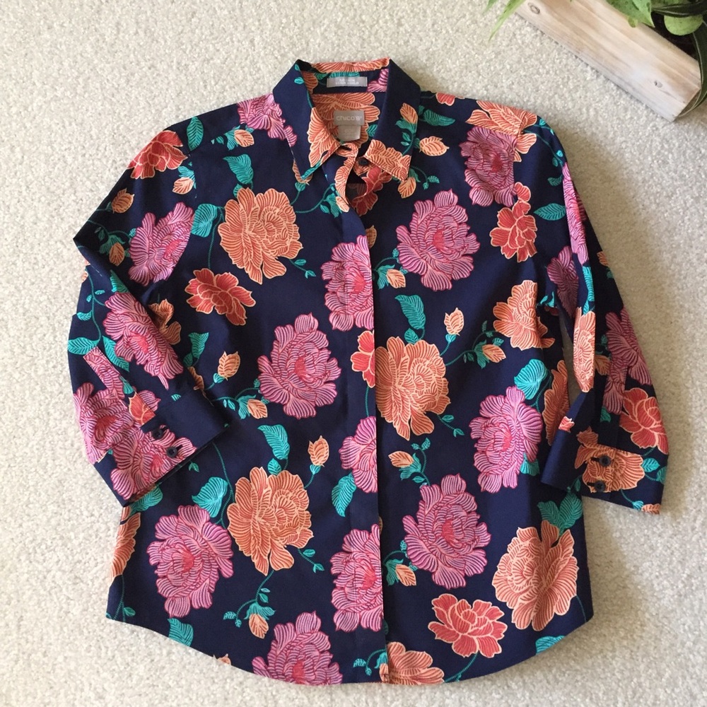 Chico’s Blouse Women’s Petite 00P Floral No-Iron 3/4 Sleeve Button Down